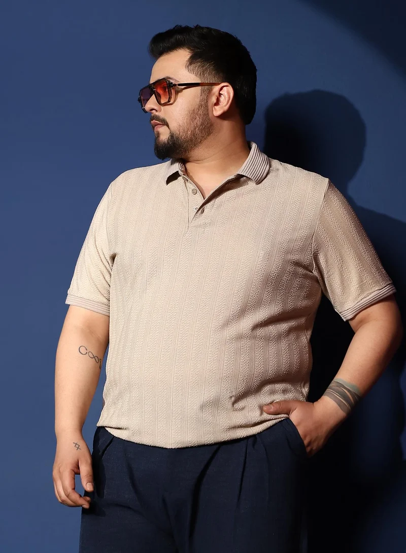 Instafab Plus Men's Ecru Beige Texture-Lined Polo T-Shirt